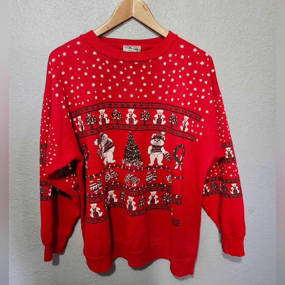 Vintage Sky Lite 80s Red Teddy Bear Christmas Crewneck Sweater Glitter Large USA
